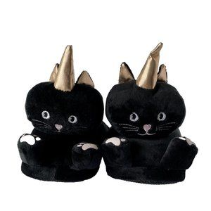 Unicorn Cat Slippers New Ladies Black Cute House Slippers w Grip, Size M/L